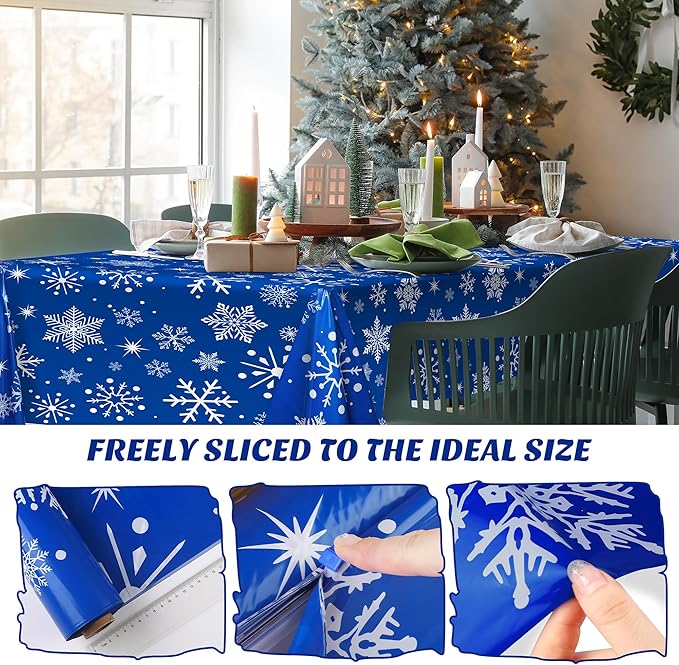 Kochorie 100 Ft x 54 Inch Blue Snowflake Tablecloth Roll with Cutter Box Christmas Themed Snowflake Printed Disposable Winter Backdrop Cut to Size Table Cover for Frozen Birthday Party Supplies