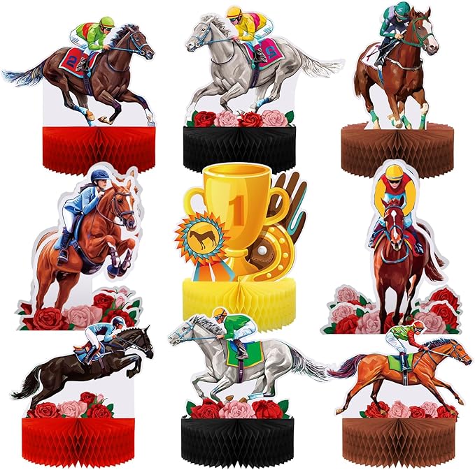 9 Pcs Kentucky Horsing Racing Derby Decorations Horse Racing Honeycomb Centerpieces 3D Horse Birthday Party Supplies Baby Shower Derby Plates Table Decoration