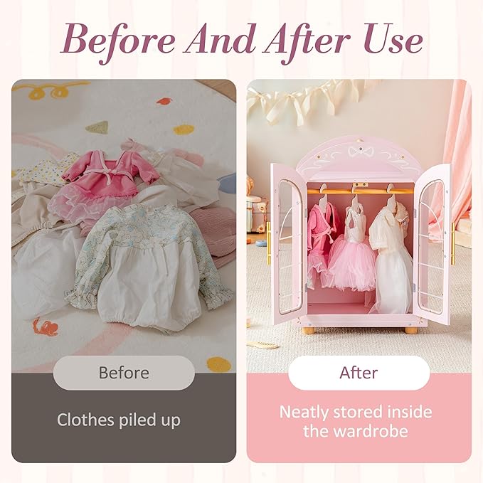 ROBOTIME 18 Inch Doll Closet, Wooden Doll Furniture Wardrobe with Mirror & Hangers, Pink Doll Clothes Storage Armoire, Doll Furniture for 18 Inch Dolls