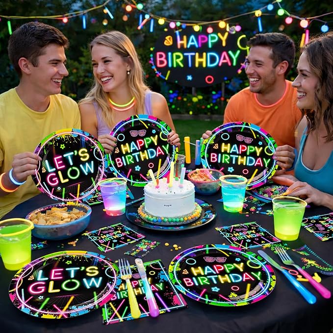 40 Pcs Neon Plates and Napkins Tableware Sets for Neon Party Decorations, Birthday Decorations Which Can Serve 20