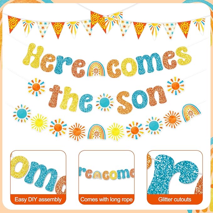 Pasimy Here Comes The Son Baby Shower Decor, Boho Retro Groovy Pennant Banner Sunshine Cutouts Banner for Boy First Trip Around The Sun 1st Birthday Party Supplies
