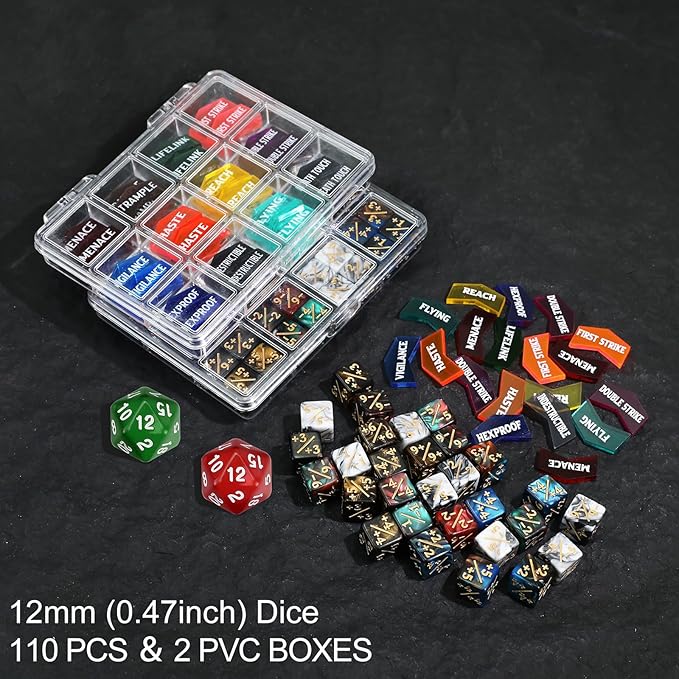 110 Pieces MTG Keyword Tokens 12mm Counters Dice for Magic The Gatering, MTG Abilities Keyword Buff Tokens D6 D20 Life Counter Dice for TCG CCG Magic Card Games Accessories