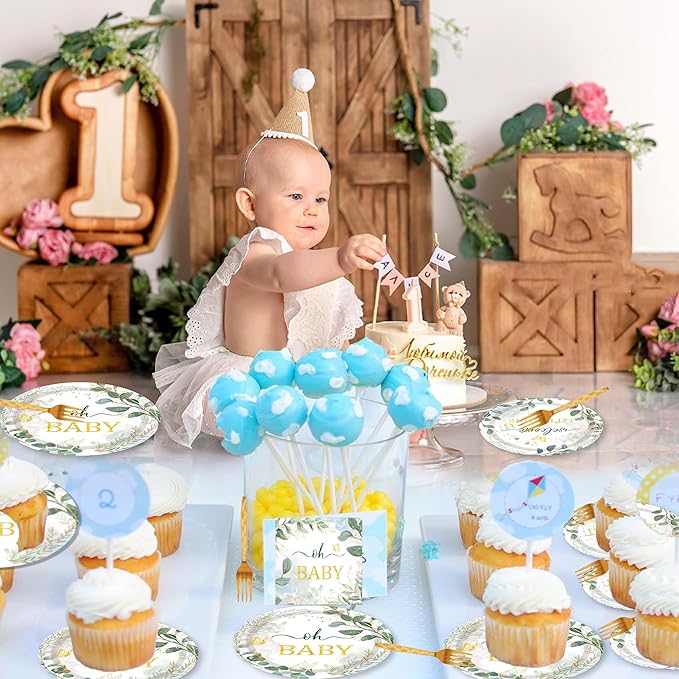 Sage Green Baby Shower Decorations - 96PCS Sage Plates and Napkins Party Supplies Welcome Little One Green Baby Shower Disposable Paper Tableware Set Serves 24 Guests
