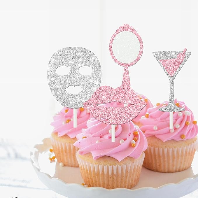 Spa Cupcake Topper Glitter Makeup Themed Birthday Cupcake Decorations 24Pcs Spa Party Cupcake Picks Spa Day Mask Slumber Cake Decor for Makeover Mask Sleepover Birthday Party Supplies