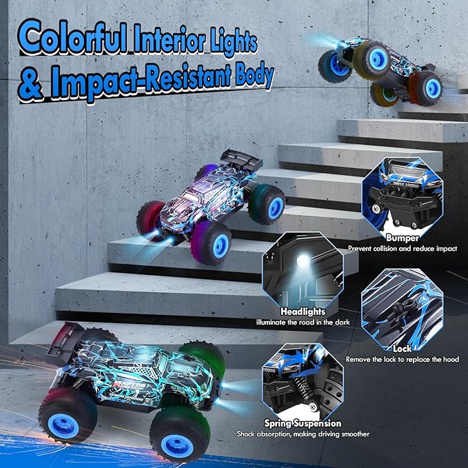 Remote Control Car, 1:18 Rc Cars, All-Terrain RC Truck with LED Light, 20KM/H, Rechargeable, 2WD, 2.4GHz, Sturdy PVC Shell, Remote Control Truck for Boys 4-7 8-12, Beginner