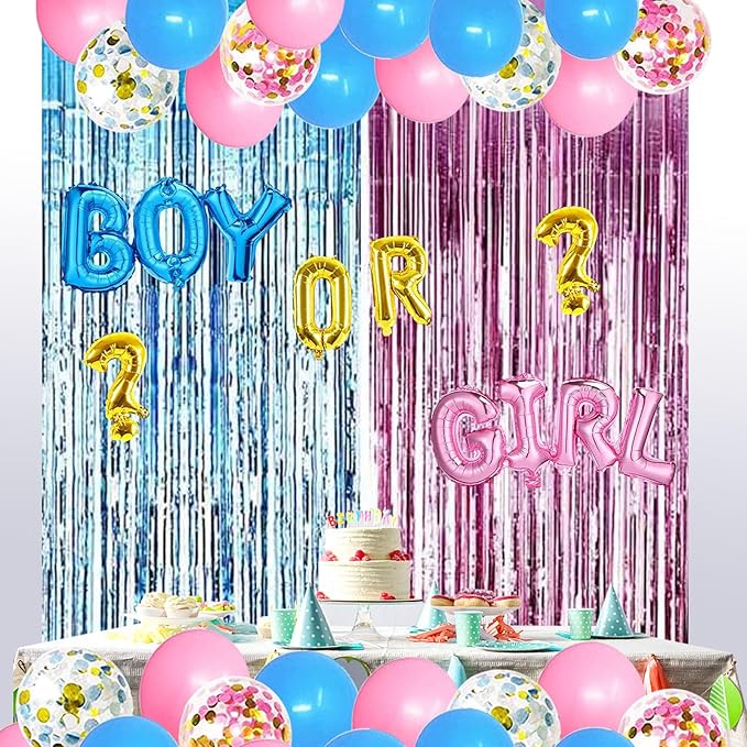 Gender Reveal Party Supplies Kit, Pink and Blue Balloons , Boy or Girl Foil Balloons, Tinsel Curtain, Gender Reveal Party Baby Photo Backdrop for Baby Shower Decorations