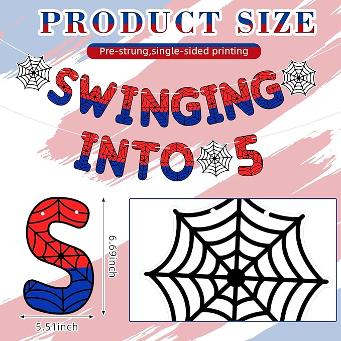 TaoBary Spider Theme 5th Birthday Banner, Pre-strung Swinging into 5 Banner, Spider 5th Birthday Decorations Party Supplies for Kids, Fifth Decor for 5 Years Old Boys Girls(Multicolor)