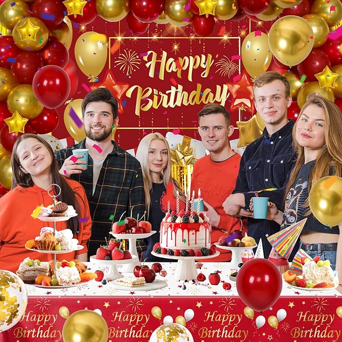 Red and Gold Birthday Decorations for Women Men, 72 Pcs Happy Birthday Banner Backdrop For Boys Girls Red Balloons Arch Kit Tablecloth Confetti Bday Party Supplies Indoors & Outdoors
