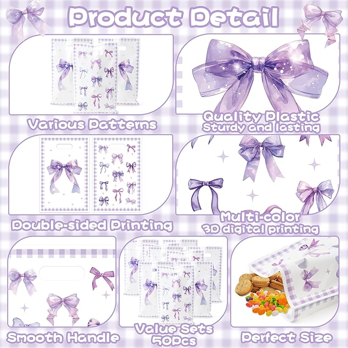 50Pcs Purple Bow Party Favor Bags - Bow Knot Goody Candy Treat Gift Bag for Kid Girl Women Purple Aesthetic Party Decorations for Birthday Wedding Bridal Shower Bachelorette Party Supplies