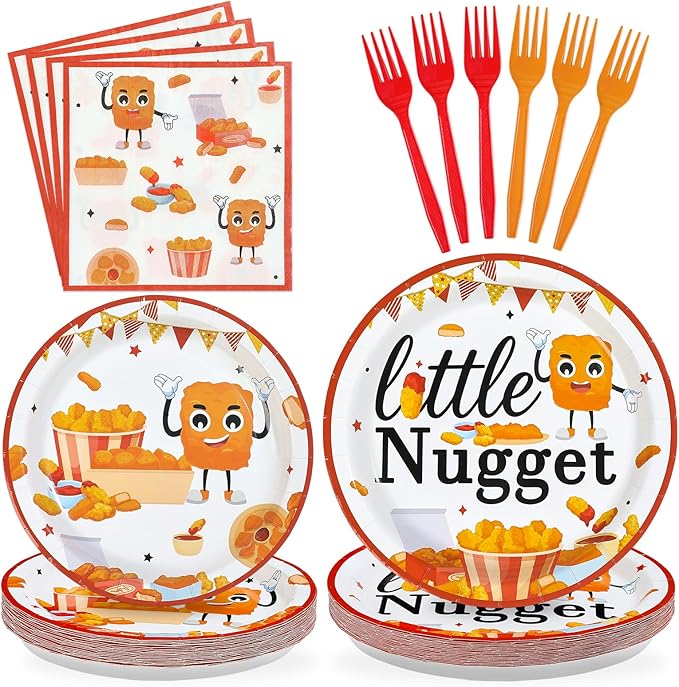 96Pcs Chicken Nugget Themed Party Decoration Chicken Nugget Plates and Napkins Fast Food Fried Chick Tableware Set for Baby Shower Boy Girl birthday Party Supplies, Serves 24