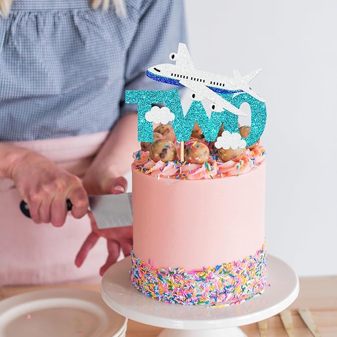 1 Pack Two Airplane Cake Topper Glitter Airplane Sign Oh How Time Files Cake Pick Second Birthday Cake Decorations for Plane Theme 2nd Year Old baby shower Birthday Party Supplies Blue White