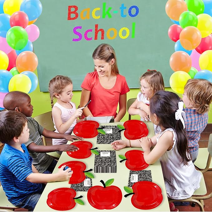 48 Pcs Back to School Tableware Set First Day of School Party Supplies Red Apple Paper Plates Composition Notebook Napkins Classroom Decoration for Kindergarten Preschool Teacher Party Serve 24