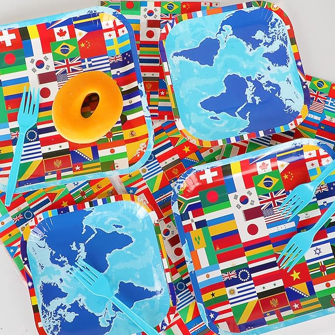 gisgfim 96 Pcs International World Flags Plates and Napkins Party Supplies Travel Trip Around the Globe Tableware Set Retirement Party Decorations Favors for Birthday Baby Shower Serves 24