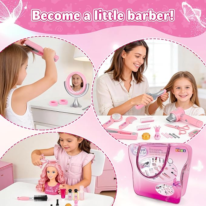 deAO Hair Salon Toys for Girls Beauty Salon Set Kids Pretend Hair Styling Set with Hairdryer, Mirror, Curling Iron and Stylist Accessories for Toddler Makeup Party Christmas (Fake Makeup)