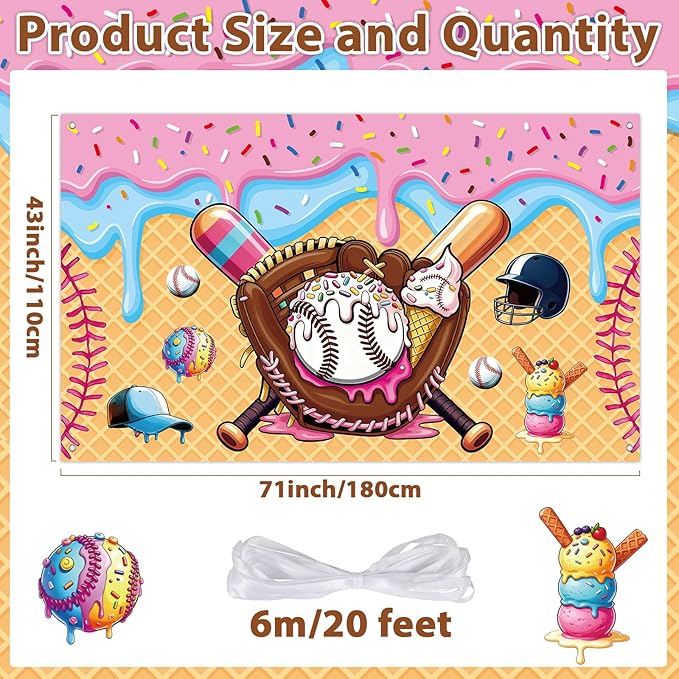 Ice Cream Drip Baseball Party Decoration Baseball Ice Cream Theme Banner Sport Party Hanging Photo Booth Supplies Sport Birthday Parties Background banner for Kids Teenager Holiday Christmas Supplies