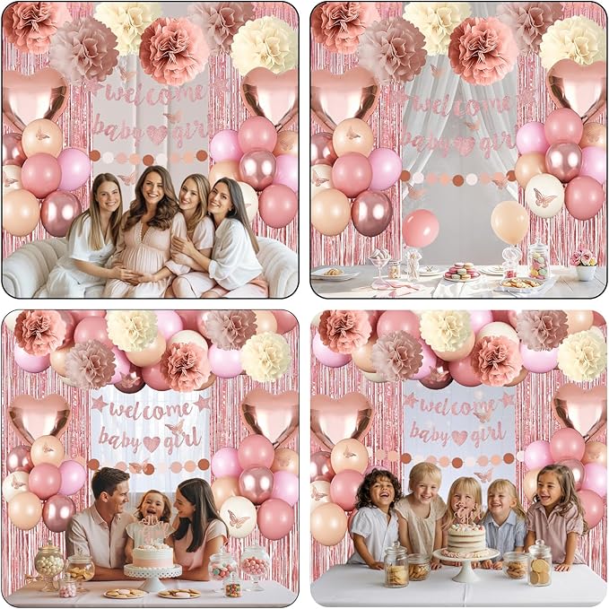 Pink Baby Shower Decorations for Girl, Boho Dusty Blush Pink Rose Gold Beige White Latex Balloons Welcome Baby Banner Its A Girl Cake Topper Pom Poms Fringe Curtain for Girls Birthday Party Decoration