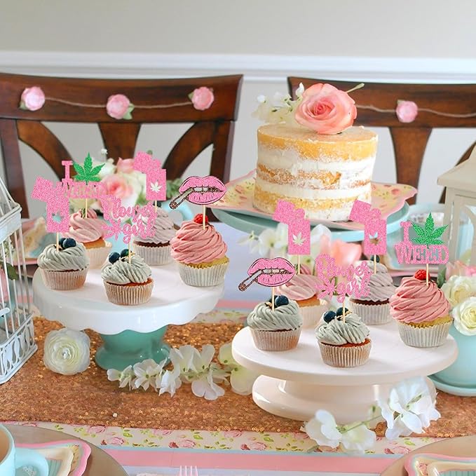 Ercadio 24 PCS Have a Dope Birthday Cupcake Toppers Pink Pot Leaf Weed Leaves Cupcake Picks Marijuana Dope Themed For Smoking Enthusiast Girl Birthday Party Supplies