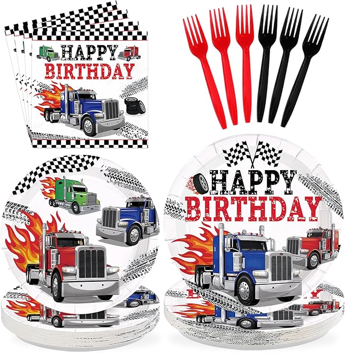 96Pcs Semi Truck Birthday Party Decorations Truck Car Happy Birthday Plates and Napkins Sets Transportation Theme Decorations for Truck-Theme Transportation Construction Bday Party Supplies Serves 24