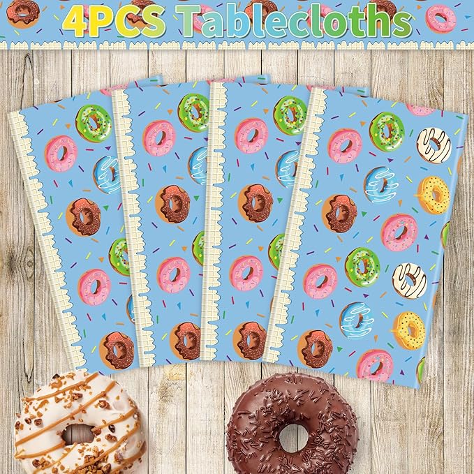 4 Pack Donut Party Tablecloth Sprinkle Donut Theme Party Decorations Blue Ice Cream Table Cloth Doughnut Table Covers for Baby Shower Afternoon Tea Ice Cream Birthday Supplies 51 x 86 in