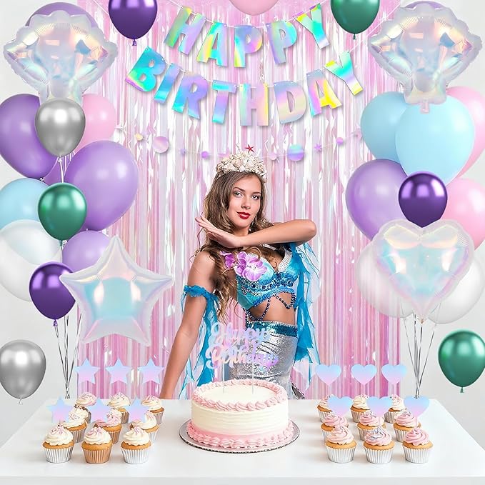 Mermaid Birthday Decorations for Girls Women, Iridescent Birthday Party Decorations, Happy birthday Banner, Pastel Balloons, Fringe Curtains, Star Garland, Cake Toppers for Under the Sea Party Decor