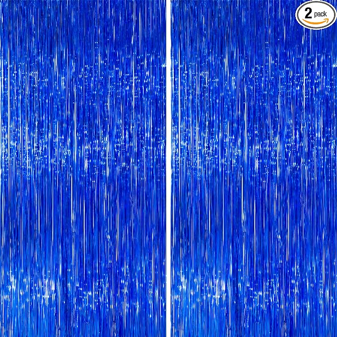 PartyWoo 2 pcs Royal Blue Foil Fringe Curtain, Metallic Foil Tinsel Fringe Backdrop Door Fringe for Birthday Wedding Party Photo Backdrop, Blue Streamers Party Decorations
