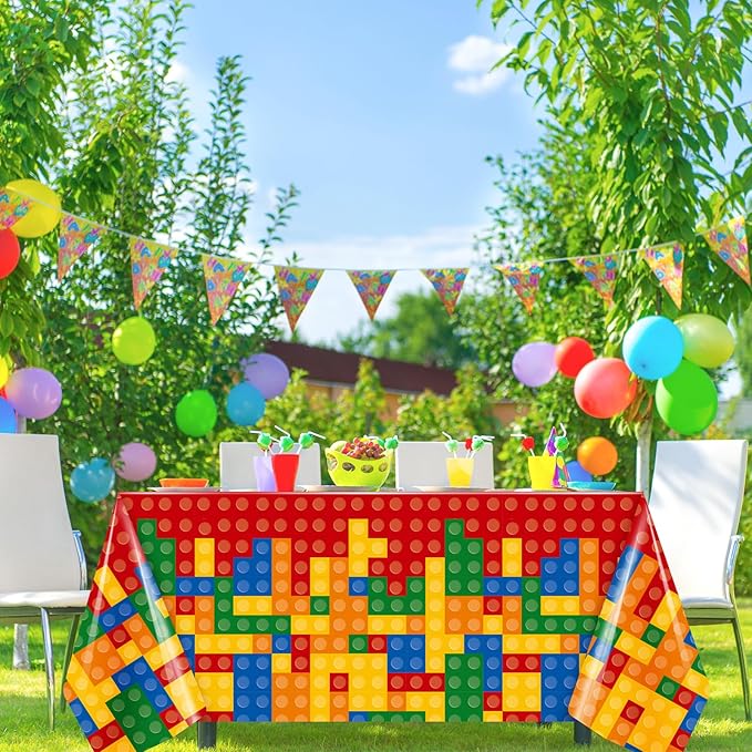 Oudain 4 Pcs Building Block Tablecloths - Colorful Birthday Party Decorations, 54 x 108 Inch Disposable Plastic Brick Table Cover, Waterproof Themed Party Supplies (Red)