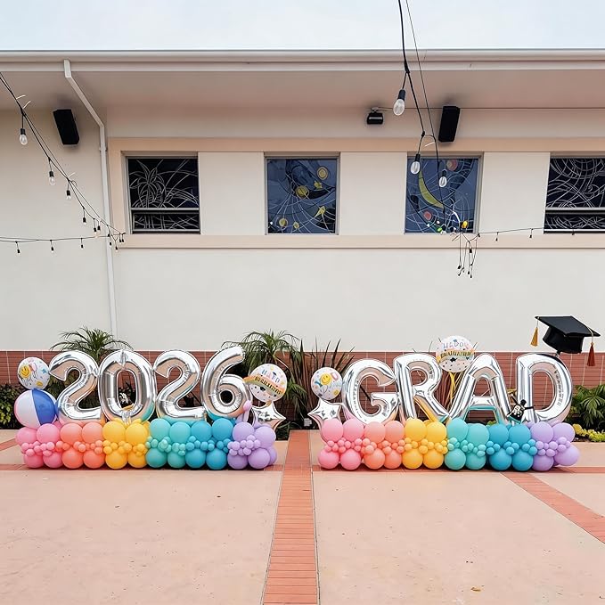 Silver 2026 GRAD Foil Balloons, 16 Inch Metallic Silver Grad Congrats Balloons Banner for Graduation Decorations 2026, College High School Class of 2026 Graduate Congratulations Party Decor Supplies