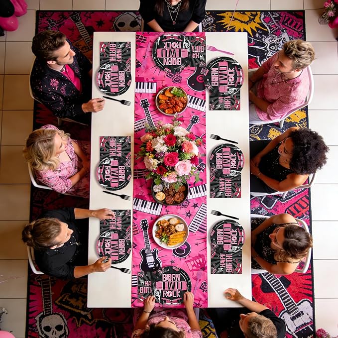 96Pcs Bad Two The Bone Birthday Decorations Rock and Roll 2nd Birthday Plates and Napkins Black Pink 2nd Tableware for 2 Years Old Rock Band Music Birthday Retro Bday Party Supplies Serves 24