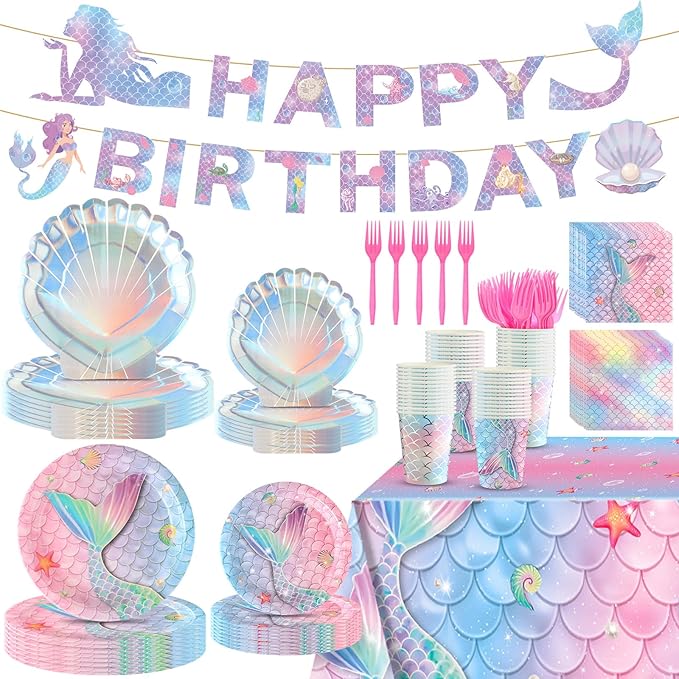 122 Pcs Mermaid Birthday Decorations Under the Sea Party Supplies Include Mermaid Banner Seashell Plates Napkins Tablecloth Cups Forks Pink Blue Ocean Theme Dinnerware Set, Serves 24