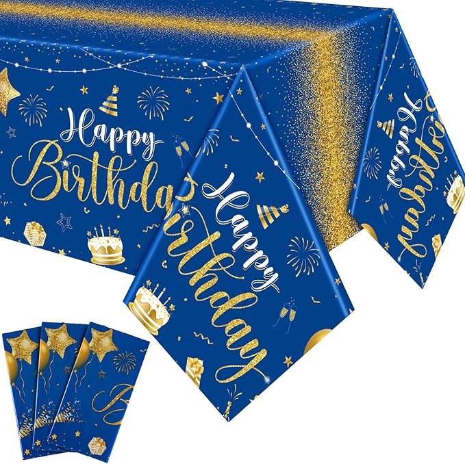Tudomro 3 Pcs Happy Birthday Tablecloths Happy Birthday Party Decorations Plastic Table Cover Rectangular Cloths for Women Men Baby Shower Party Supplies, 108 x 54 Inch (Blue Gold)