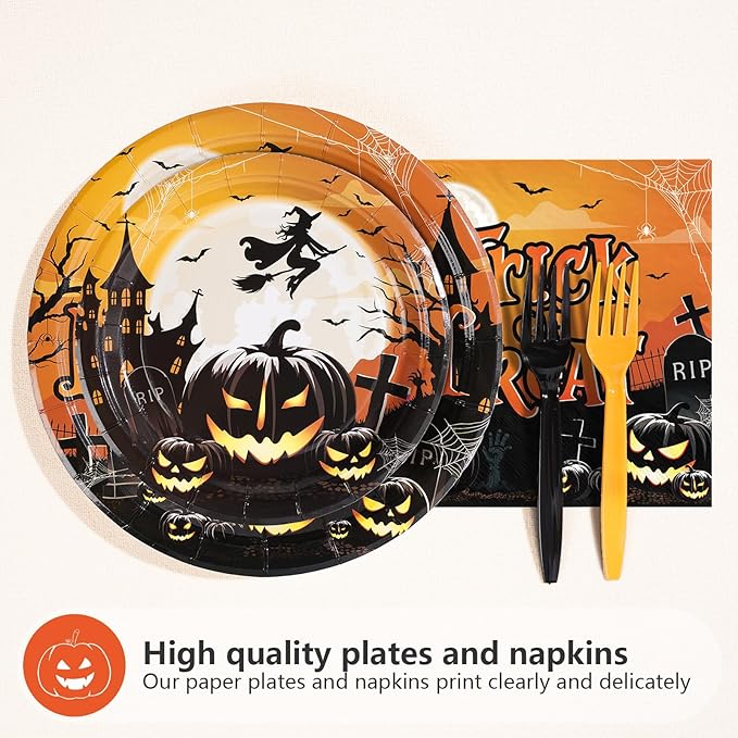 200PCS Halloween Party Supplies Set with Trick Treat Witch and Pumpkin Design Includes Disposable Halloween Plates Napkins and Forks for Spooky Party Decorations
