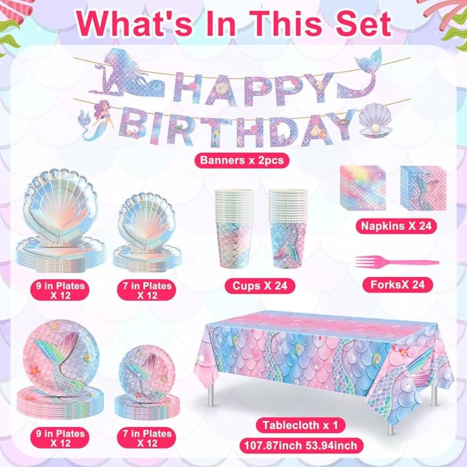 122 Pcs Mermaid Birthday Decorations Under the Sea Party Supplies Include Mermaid Banner Seashell Plates Napkins Tablecloth Cups Forks Pink Blue Ocean Theme Dinnerware Set, Serves 24