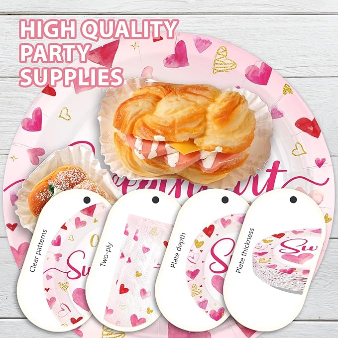 96Pcs Valentines 1st Birthday Party Decorations Valentine Sweet One Plates and Napkins Our Little Sweetheart is Turning One Party Decoration for Valentine's First Year Old Birthday Supplies Serves 24
