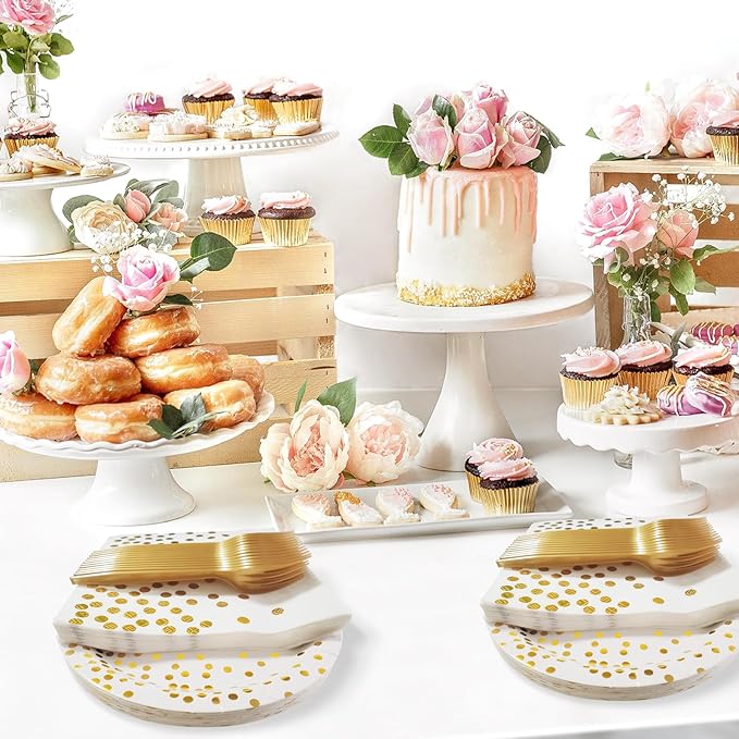 White and Gold Paper Plates Party Supplies,Disposable Gold Dot Paper Dessert Plates,100 Pack - 50 x 9 and 50 x 7 Birthday Plates for Wedding,Graduation