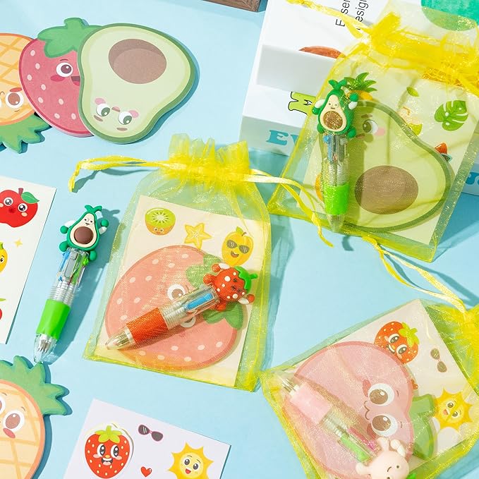 CY2SIDE Fruit Stationery Party Gift - 24 Pack Fruit Stationery Gifts Set Include 4-in-1 Ballpoint Pens Sticky Notes Stickers and Organza Tutti Summer Party Favors Goodie Bag Fillers for School Rewards