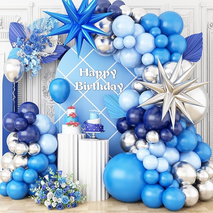 Blue Silver Balloon Arch Garland Kit, Navy and Pastel Blue Latex Party Balloons With Silver Star Foil Balloon for Birthday, Baby Shower, Wedding, Graduation, Anniversary Party Decor