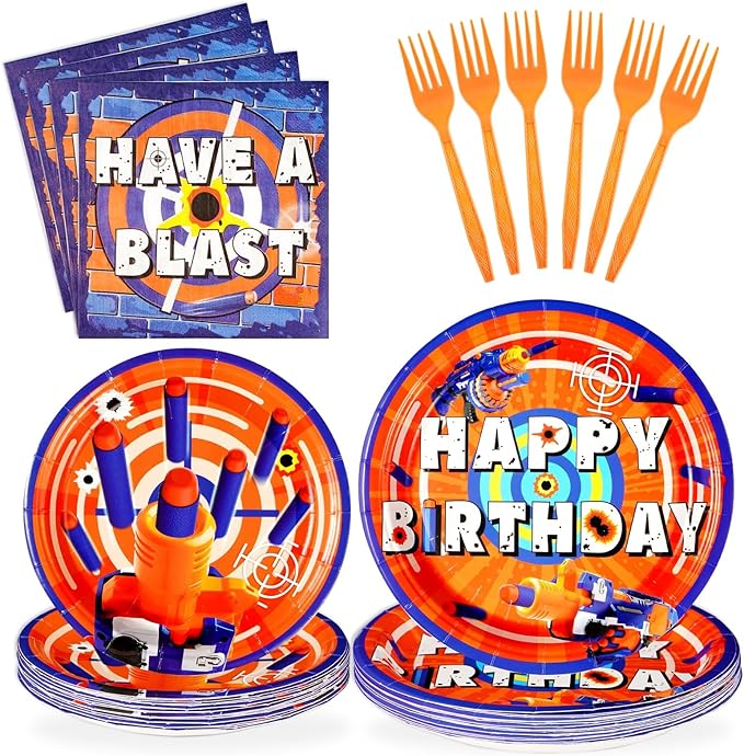 96Pcs Dart War Party Supplies Dart War Party Plates and Napkins Forks Disposable 350GSM Tableware Set for Kids Boys Birthday Party Dart War Themed Party Party Decorations,Serves 24