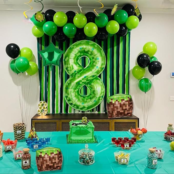 40 Inch Green Pixel Miner Number 5 Foil Balloons Large Mylar Mining Theme 5th Number Balloon Video Game Birthday Decorations Pixel Game Party Supplies