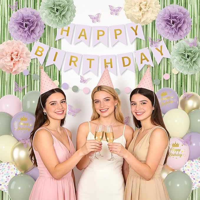 Fairy Birthday Decorations for Women Girls, Lavender Green Pastel Pink Yellow Metallic Printed Balloons Butterfly Stickers Fringe Curtain Happy Birthday Banner Circle Dot Paper Pompom Party Supplies
