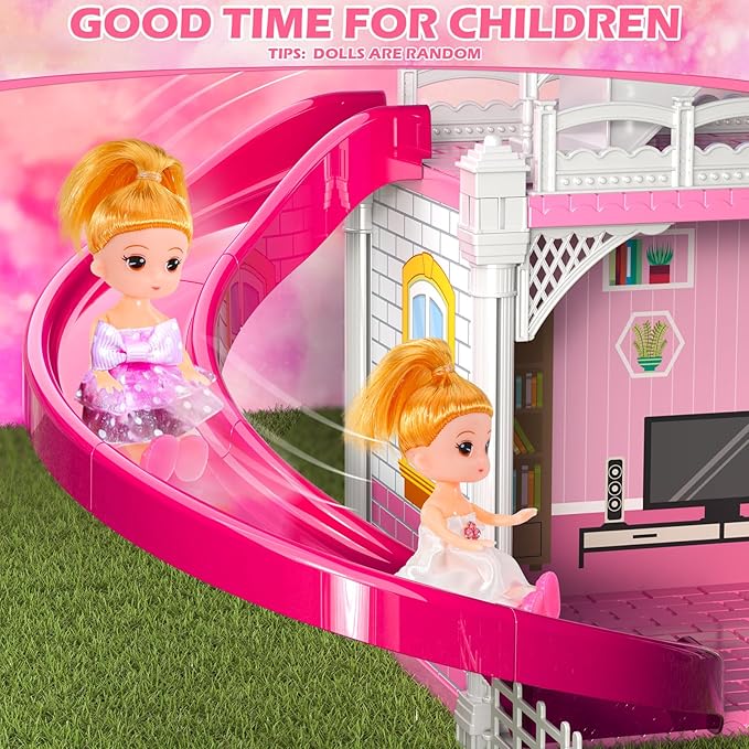 Doloowee Dolls House for Girls Toys, 4 Stories 10 Rooms Dollshouse with 2 Princesses Slide Accessories, Playset for Toddler Playhouse Gift for for 3 4 5 6 7 8+ Year Old Girls Toys