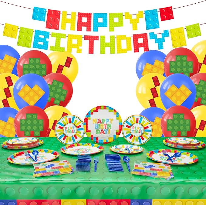 Building Block Deluxe Party Supplies Pack (137 Pieces for 16 Guests) - Gamer Birthday Decorations, Gamer Party Supplies , Blocks Party Decor, Brick Birthday, Blue Orchards