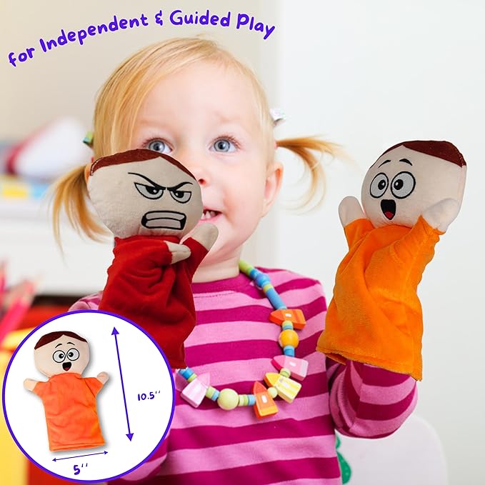 4E's Novelty Feeling Hand Puppets for Kids with 6 Emotions, with Moveable Arms, Soft Plush Hand Puppets for Toddlers, Early Education Toys, Social Emotional Learning Activities - Pack of 6