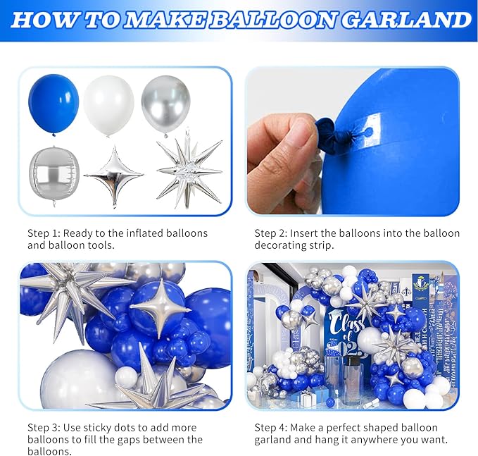 Blue White Silver Balloon Arch Kit with Explosion Star 4D Silver Foil Balloons Royal Blue Metallic Silver White Balloon Garland for Blue 2025 Graduation Decoration Birthday Baby Shower Party