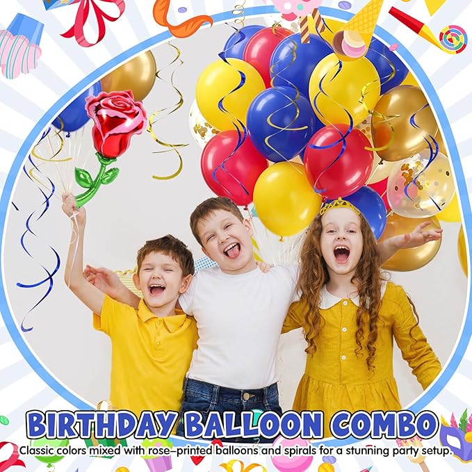 91 Pcs Yellow Blue Gold Birthday Party Decoration Balloons Set, Gold Confetti and Red Rose Foil Balloons, Hanging Swirls for Women Girls Wedding Engagement Birthday Princess Party Supplies