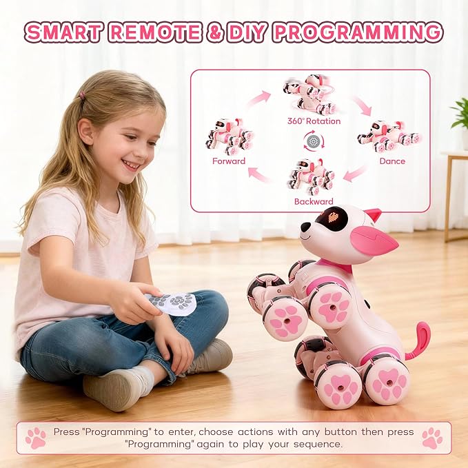 HuiJuKeJi Smart Interactive Robot Dog Toy - Easy Programmable Remote Control Robotic Pet with Gesture Sensing 8WD 360° Stunts, LED Eyes Dancing & Music RC Cars, Birthday Gift for Kids Ages 3-8