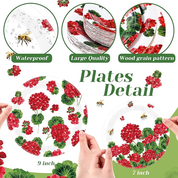 60 Pcs Spring Geranium Paper Plates 9 in and 7 in Red Floral Disposable Party Plates Summer Bee Flower Paper Dinner Dessert Tableware for Wedding Baby Shower Party Table Decor Supplies