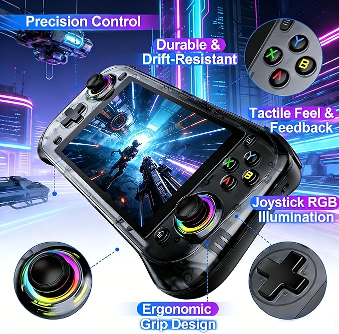 5.5"HD Android Retro Handheld Game Console,Dual Hall Joystick,RGB Lighting,Support most Emulators & 20000+ Games,Portable Ergonomic Design,Global Online Multiplayer,Best Value below Triple Digit Line