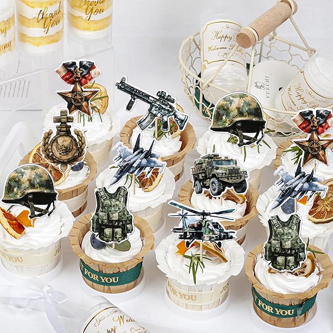 40 Pack Military Cupcake Toppers Airplane Car Military Happy Birthday Cupcake Pick Kids birthday Army Baby Shower Military Fan Cupcake Decorations Party Supplies