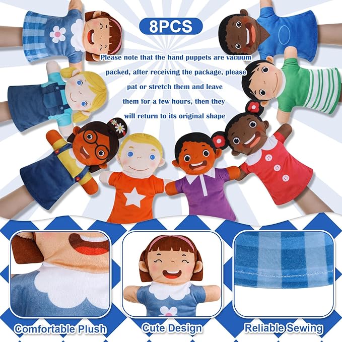 Poen 8 Pcs Hand Puppets Set for Kids Multicultural Hand Puppets Bulk Soft Plush for Toddlers Learning Interaction Suitable for Home Daycare School Classroom Role Play Fantoccini Theater Shows(Smile)