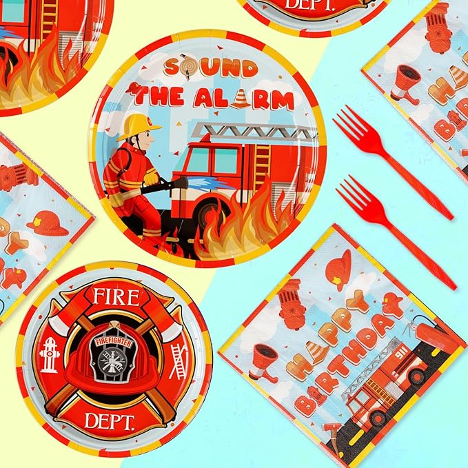 Grencian 96Pcs Firefighter Birthday Party Decorations Fire Truck Party Plates Disposable Firetruck Birthday Paper Tableware Set for Kids Fireman Fire Truck Supplies, Serves 24
